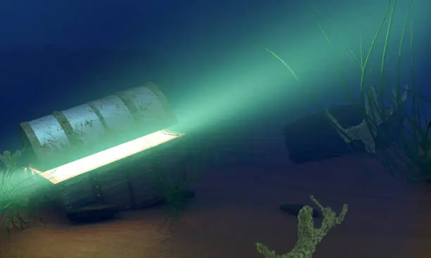 Divers exploring an ancient shipwreck with glowing liquid